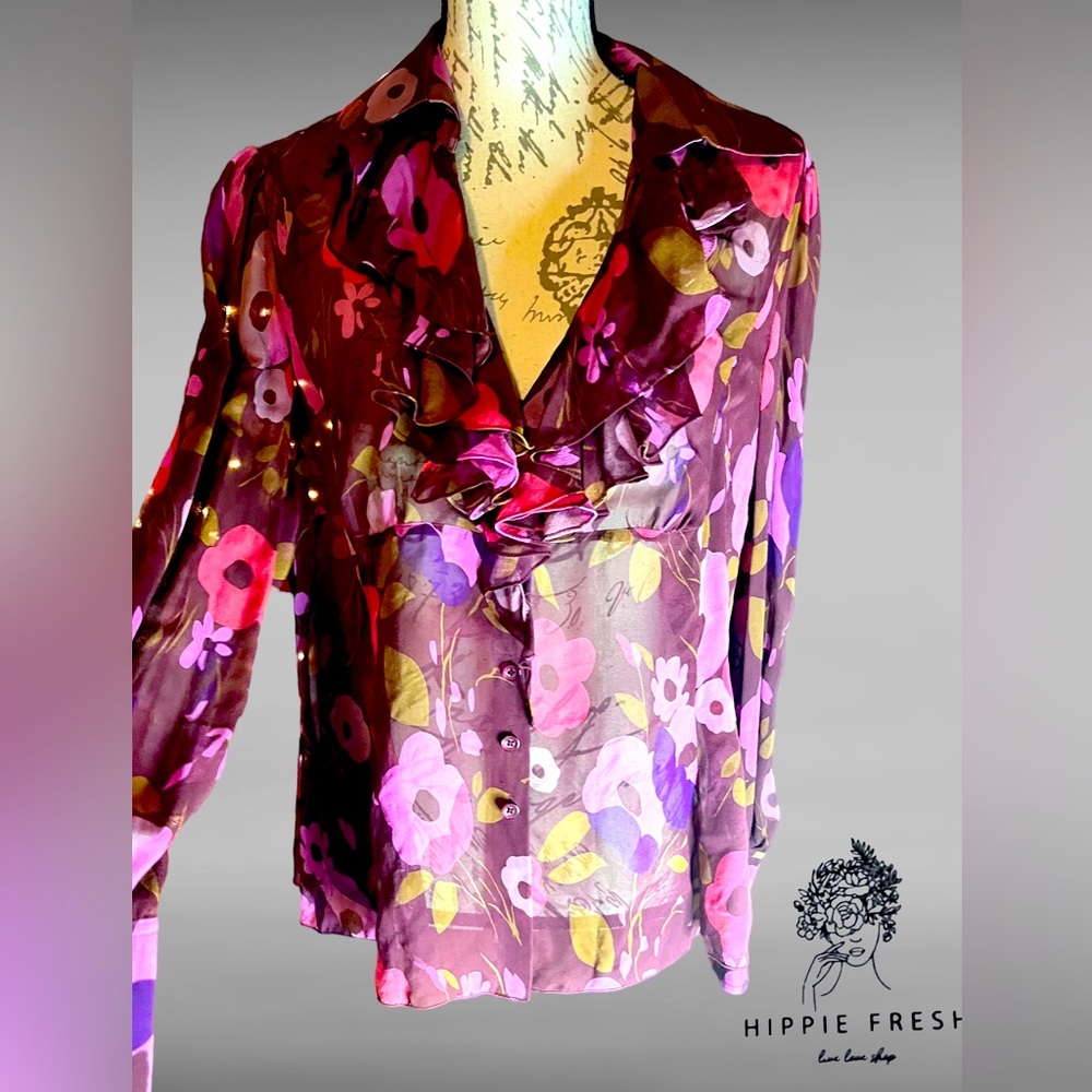 Ideology 100% Silk Modern Floral Sheer Blouse Size XL
